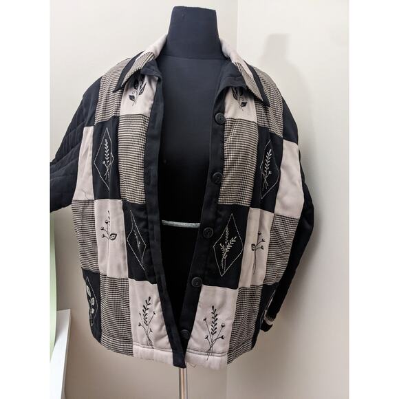 Vintage 80s Graff GW Division Quilted Patch Black Coat with Florals Size L - Picture 1 of 8